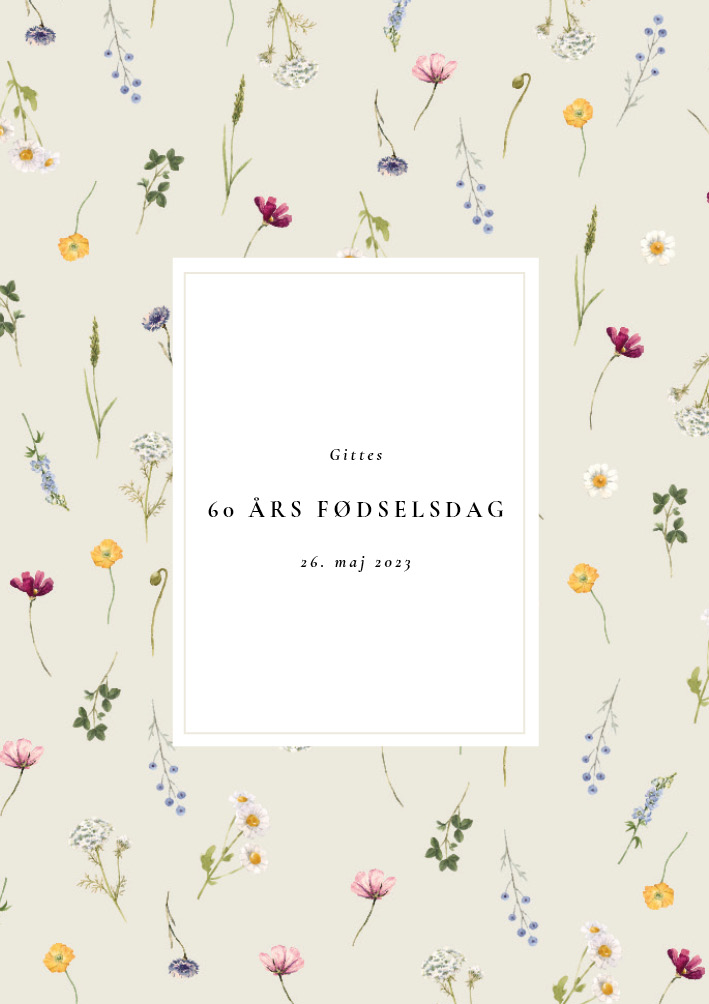 
                Sød og elegant blomster-invitation til din fødselsdag. Dækket med en masse smukke blomster i forårets farver og vil passe perfekt til en forårs/sommer-fødselsdag. Der er god plads på bagsiden til de øvrige praktiske oplysninger. Til designet kommer også matchende elementer i form af velkomstskilt, bordoversigt, menukort, bordkort, drinkskort mm. således I kan skabe en rød tråd for dagen.                